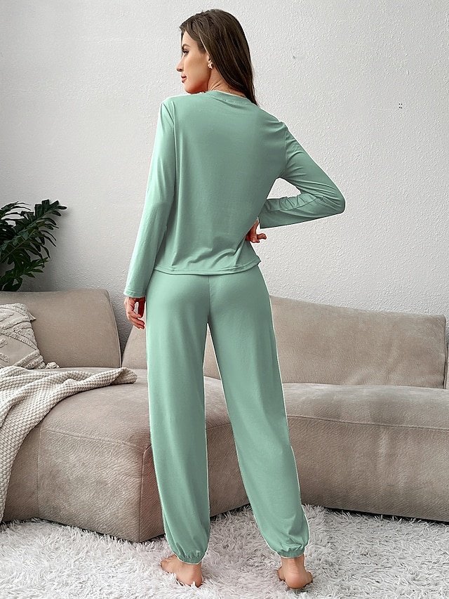 Casual Comfort Pure Colour Crew Neck Long Sleeve Pajama Set - Image 2