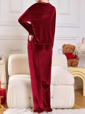 Casual Comfort Pure Colour Crew Neck Long Sleeve Pajama Set - Image 3