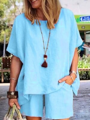 Casual Comfort Pure Colour Crew Neck Short Sleeve Short Pant Two Piece Set - Image 1