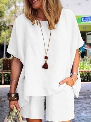Casual Comfort Pure Colour Crew Neck Short Sleeve Short Pant Two Piece Set - Image 2