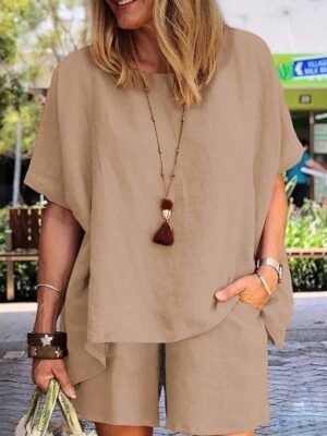 Casual Comfort Pure Colour Crew Neck Short Sleeve Short Pant Two Piece Set - Image 5