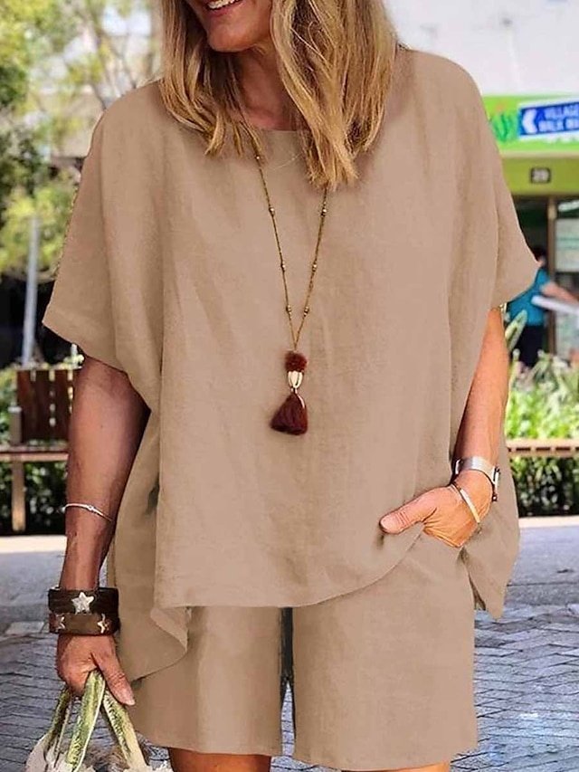 Casual Comfort Pure Colour Crew Neck Short Sleeve Short Pant Two Piece Set - Image 5