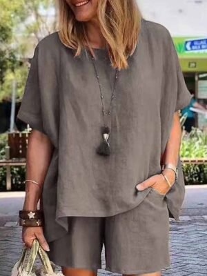 Casual Comfort Pure Colour Crew Neck Short Sleeve Short Pant Two Piece Set - Image 6