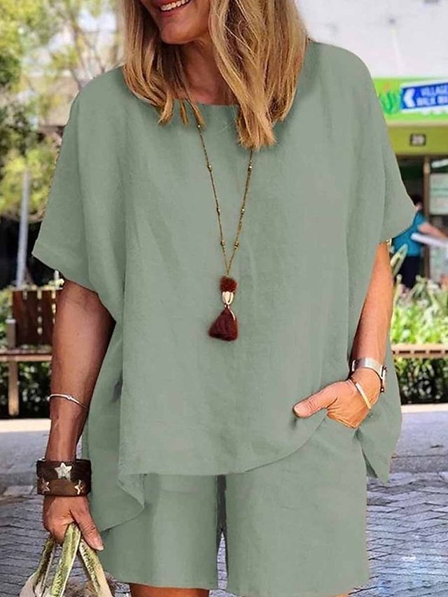 Casual Comfort Pure Colour Crew Neck Short Sleeve Short Pant Two Piece Set - Image 7