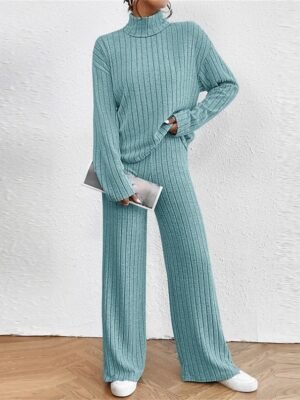 Casual Comfort Pure Colour High Neck Long Sleeve Loungewear Set - Image 1