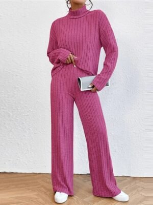 Casual Comfort Pure Colour High Neck Long Sleeve Loungewear Set - Image 11