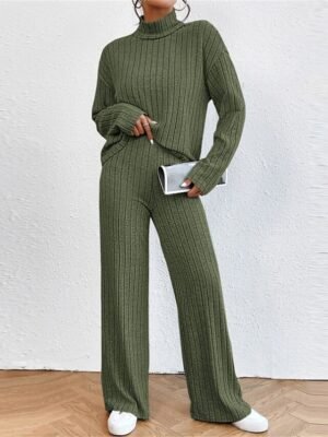 Casual Comfort Pure Colour High Neck Long Sleeve Loungewear Set - Image 14