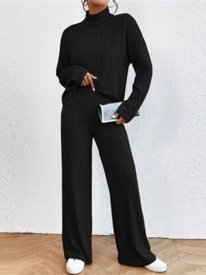 Casual Comfort Pure Colour High Neck Long Sleeve Loungewear Set - Image 17