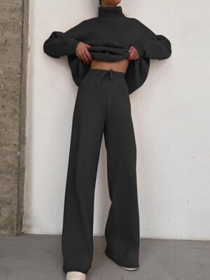 Casual Comfort Pure Colour High Neck Long Sleeve Knit Loungewear Set - Image 2