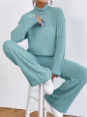 Casual Comfort Pure Colour High Neck Long Sleeve Loungewear Set - Image 2