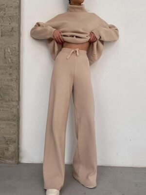 Casual Comfort Pure Colour High Neck Long Sleeve Knit Loungewear Set - Image 3