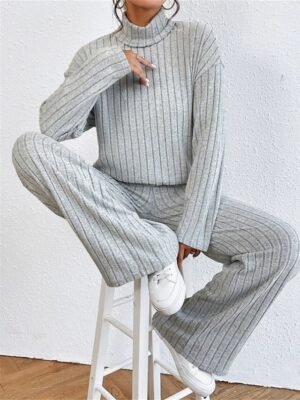 Casual Comfort Pure Colour High Neck Long Sleeve Loungewear Set - Image 5