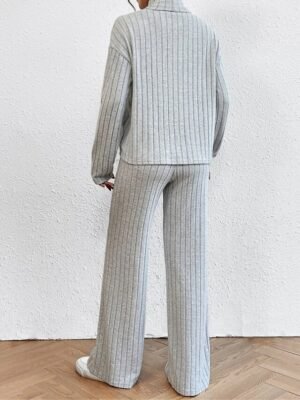 Casual Comfort Pure Colour High Neck Long Sleeve Loungewear Set - Image 6