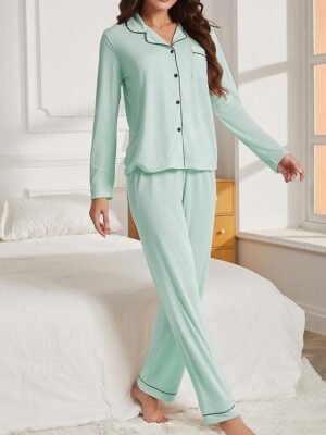 Casual Comfort Pure Colour Lapel Long Sleeve Pajama Set - Image 10