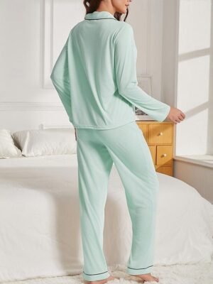 Casual Comfort Pure Colour Lapel Long Sleeve Pajama Set - Image 11