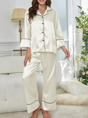 Casual Comfort Pure Colour Lapel Long Sleeve Pajama Set - Image 13