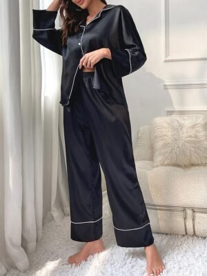 Casual Comfort Pure Colour Lapel Long Sleeve Pajama Set - Image 6
