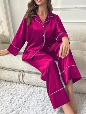 Casual Comfort Pure Colour Lapel Long Sleeve Pajama Set - Image 7