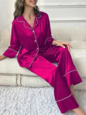 Casual Comfort Pure Colour Lapel Long Sleeve Pajama Set - Image 8