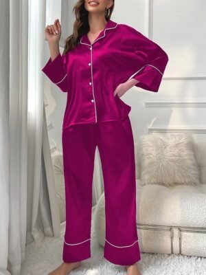 Casual Comfort Pure Colour Lapel Long Sleeve Pajama Set - Image 9