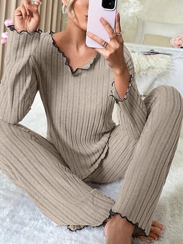 Casual Comfort Pure Colour V Neck Long Sleeve Pajama Set - Image 1