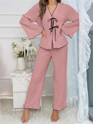 Casual Comfort Pure Colour V Neck Long Sleeve Home Pajama Set - Image 10