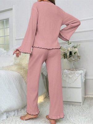 Casual Comfort Pure Colour V Neck Long Sleeve Home Pajama Set - Image 11