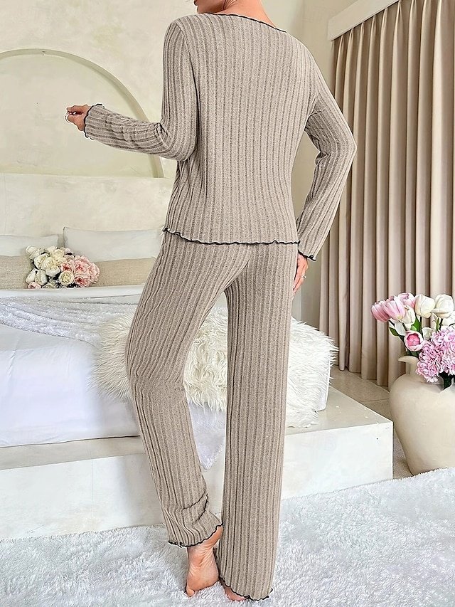 Casual Comfort Pure Colour V Neck Long Sleeve Pajama Set - Image 2