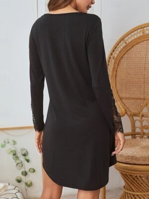 Casual Comfort Pure Colour V Neck Long Sleeve Lace Button Midi Nightgown - Image 2