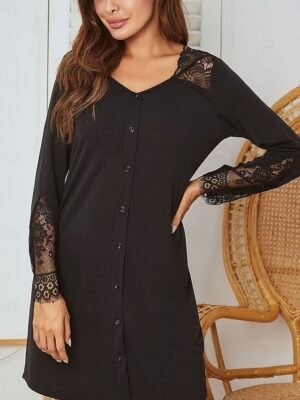 Casual Comfort Pure Colour V Neck Long Sleeve Lace Button Midi Nightgown - Image 4