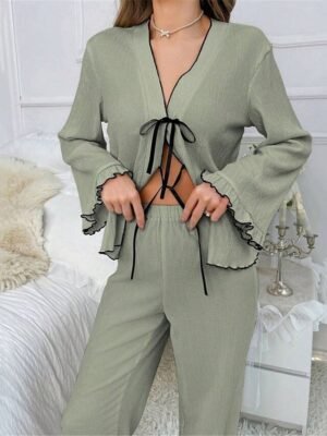 Casual Comfort Pure Colour V Neck Long Sleeve Home Pajama Set - Image 5