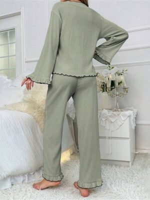 Casual Comfort Pure Colour V Neck Long Sleeve Home Pajama Set - Image 6