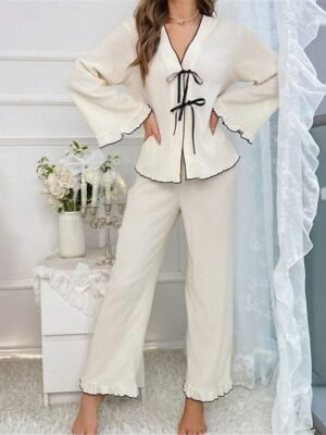 Casual Comfort Pure Colour V Neck Long Sleeve Home Pajama Set - Image 7