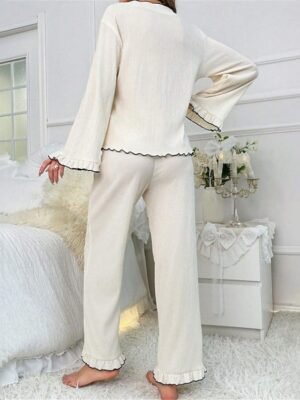 Casual Comfort Pure Colour V Neck Long Sleeve Home Pajama Set - Image 8