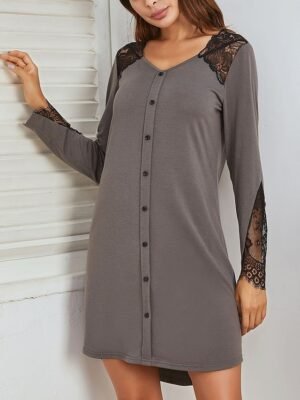 Casual Comfort Pure Colour V Neck Long Sleeve Lace Button Midi Nightgown - Image 8