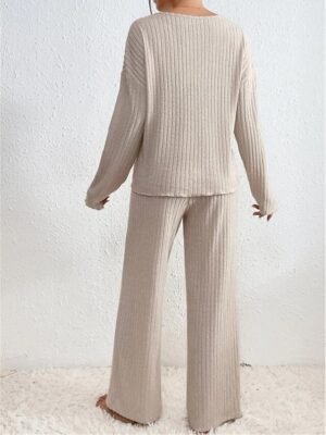 Casual Comfort Pure Colour V Wire Long Sleeve Knit Loungewear Set - Image 4