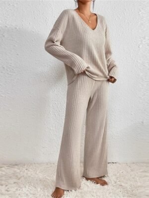 Casual Comfort Pure Colour V Wire Long Sleeve Knit Loungewear Set - Image 5