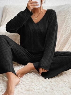 Casual Comfort Pure Colour V Wire Long Sleeve Knit Loungewear Set - Image 7