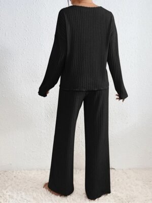 Casual Comfort Pure Colour V Wire Long Sleeve Knit Loungewear Set - Image 8