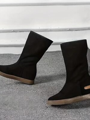 Casual Comfort Solid Colour Ankle Buckle Flat Heel Round Toe Faux Suede Loafer Boots - Image 11