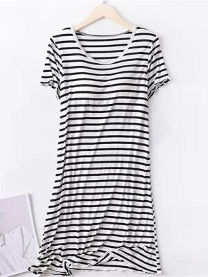 Casual Comfort Stripe Crew Neck Short Sleeve Nightgown - Image 1