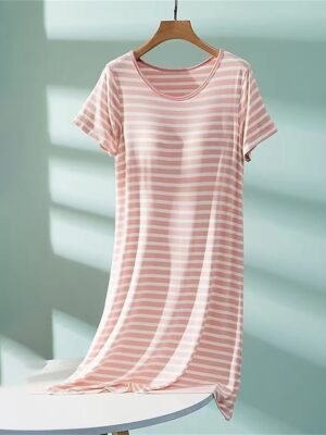 Casual Comfort Stripe Crew Neck Short Sleeve Nightgown - Image 2