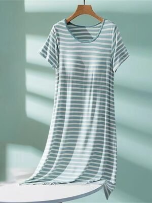 Casual Comfort Stripe Crew Neck Short Sleeve Nightgown - Image 3