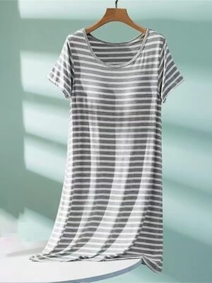 Casual Comfort Stripe Crew Neck Short Sleeve Nightgown - Image 4