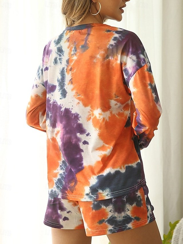 Casual Comfort Tie Dye Crew Neck Long Sleeve Loungewear Shorts Set - Image 2