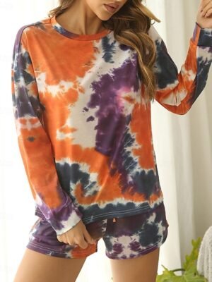 Casual Comfort Tie Dye Crew Neck Long Sleeve Loungewear Shorts Set - Image 3