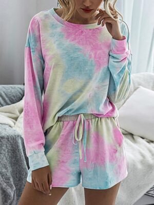 Casual Comfort Tie Dye Crew Neck Long Sleeve Shorts Loungewear Set - Image 4