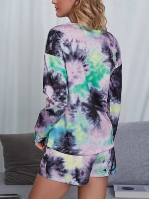 Casual Comfort Tie Dye Crew Neck Long Sleeve Loungewear Shorts Set - Image 5
