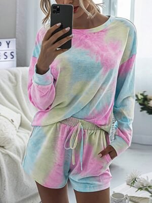Casual Comfort Tie Dye Crew Neck Long Sleeve Shorts Loungewear Set - Image 6