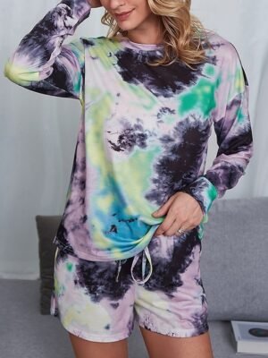 Casual Comfort Tie Dye Crew Neck Long Sleeve Loungewear Shorts Set - Image 7